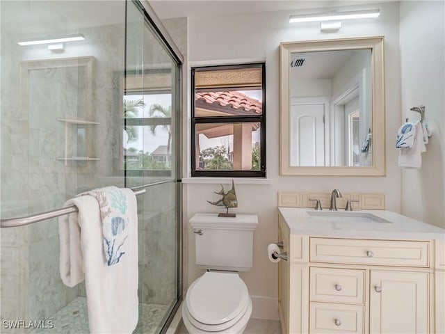 full bathroom with a stall shower, visible vents, vanity, and toilet