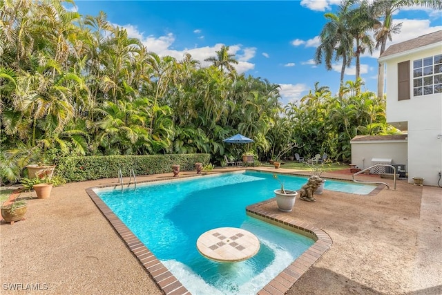 view of swimming pool featuring a patio area