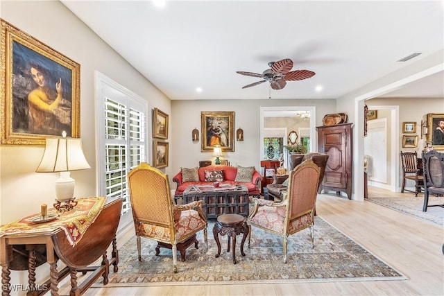 dining room featuring ceiling fan and light hardwood / wood-style floors