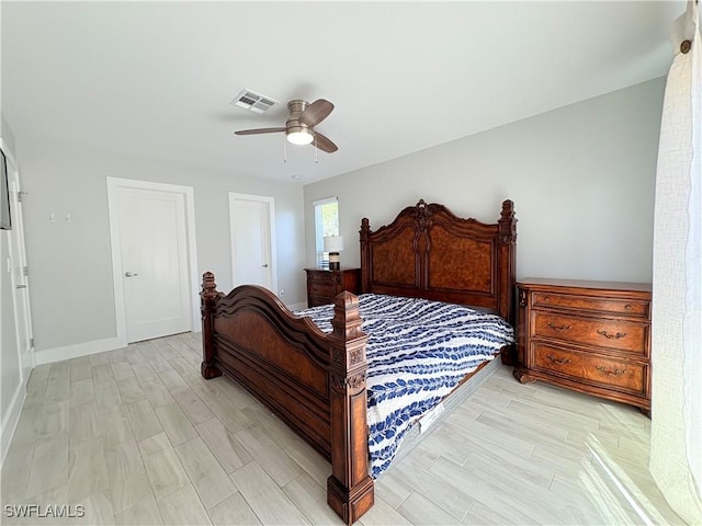 bedroom featuring ceiling fan and light hardwood / wood-style flooring