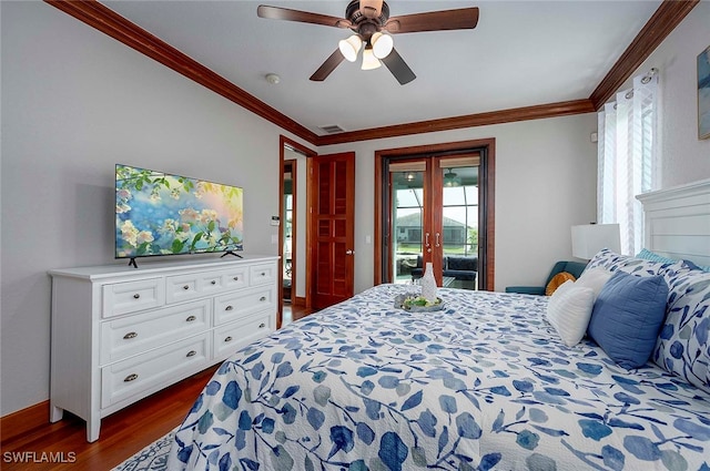 bedroom featuring french doors, crown molding, ceiling fan, dark hardwood / wood-style floors, and access to exterior