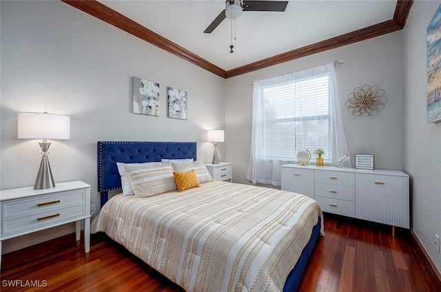 bedroom featuring ceiling fan, crown molding, and dark wood-type flooring