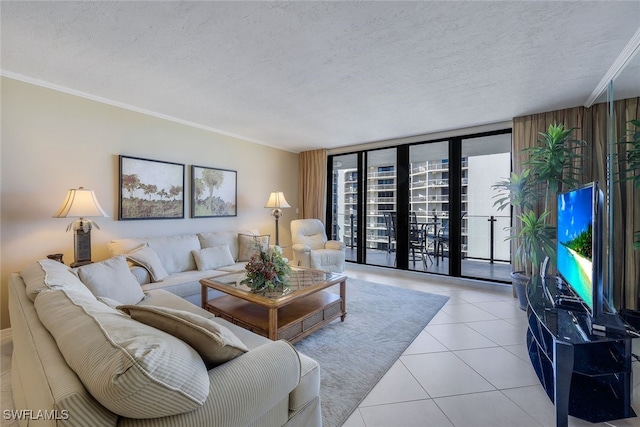 tiled living room with crown molding, a wall of windows, and a textured ceiling