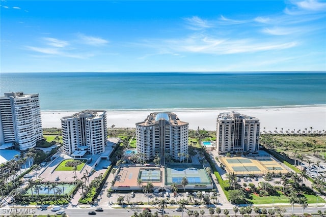 aerial view with a view of the beach and a water view