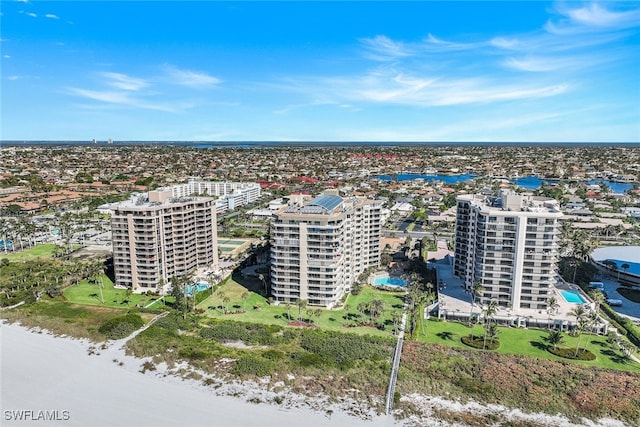 drone / aerial view featuring a water view