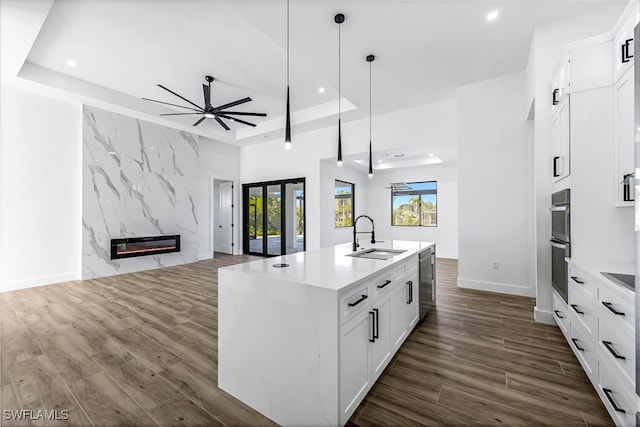 kitchen with sink, pendant lighting, a tray ceiling, a kitchen island with sink, and white cabinets