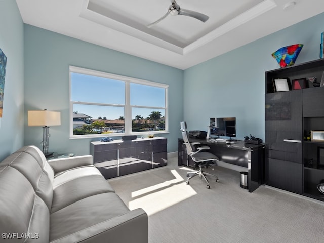 home office featuring carpet, ceiling fan, and a tray ceiling