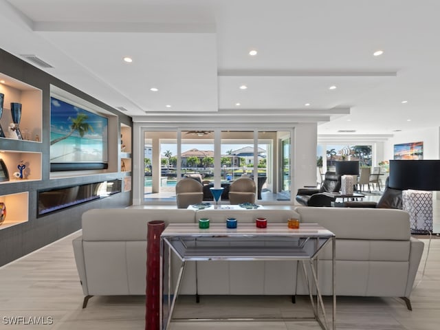 living room featuring light tile patterned flooring