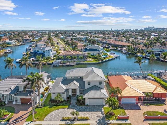 drone / aerial view featuring a water view