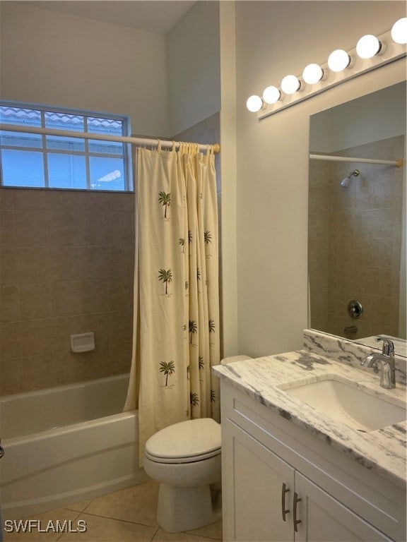 full bathroom with toilet, vanity, shower / bathtub combination with curtain, and tile patterned flooring