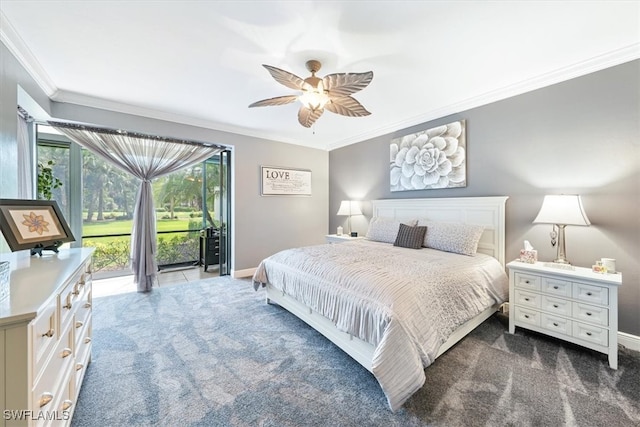 carpeted bedroom with ceiling fan and ornamental molding