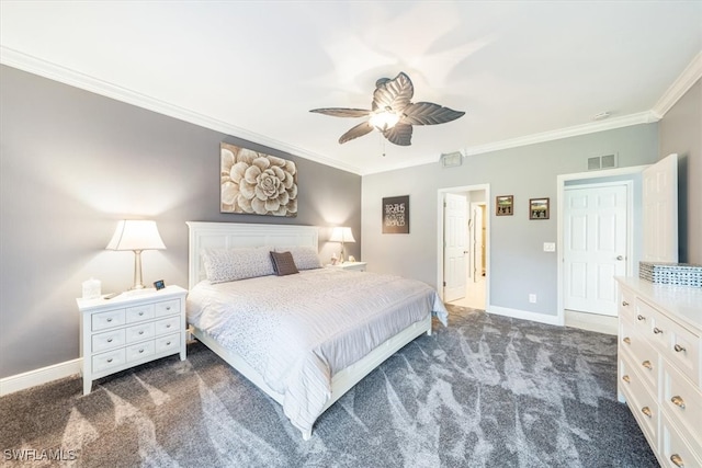 bedroom featuring ceiling fan, crown molding, and dark colored carpet