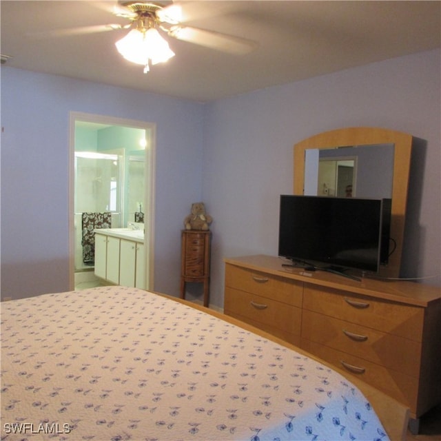 bedroom featuring connected bathroom and ceiling fan