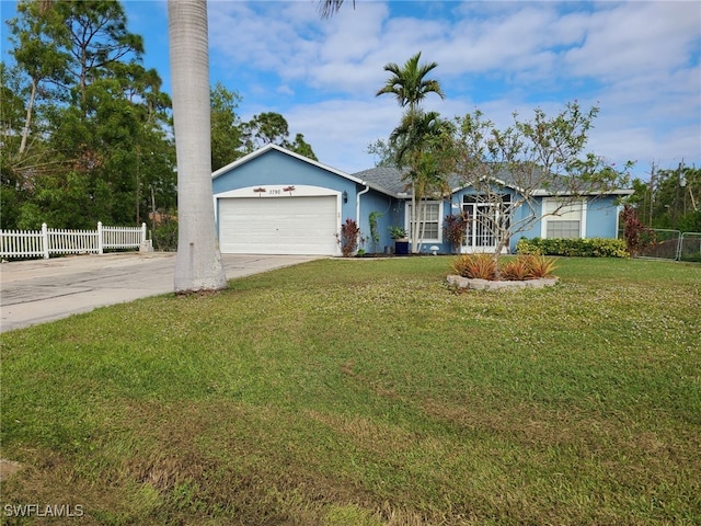 single story home with a garage and a front yard