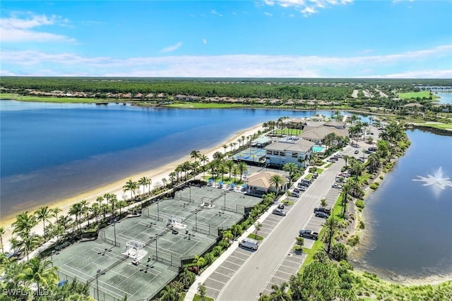 drone / aerial view with a water view