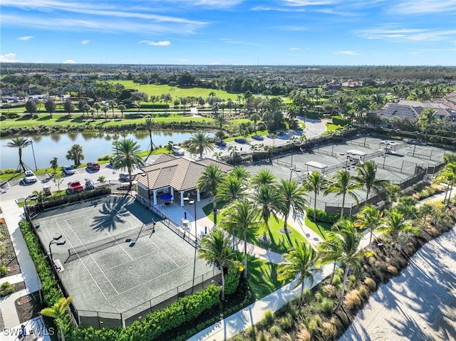 bird's eye view with a water view