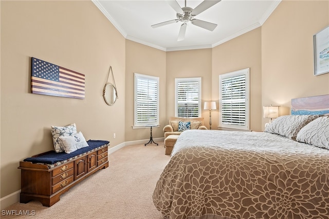 bedroom with light carpet, ceiling fan, and crown molding