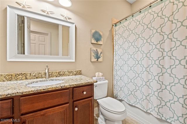 full bathroom with vanity, toilet, and shower / bathtub combination with curtain