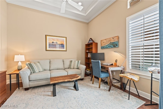 office area with ceiling fan, light hardwood / wood-style floors, and ornamental molding