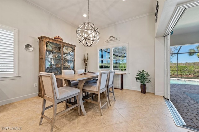 dining space featuring a wealth of natural light, ornamental molding, light tile patterned flooring, and a chandelier