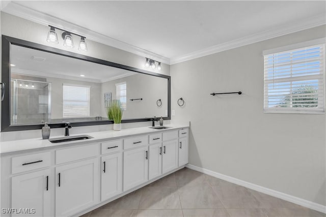 bathroom featuring tile patterned flooring, vanity, and ornamental molding