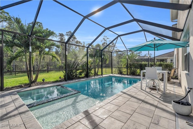 view of pool featuring a lanai, a patio area, and a lawn