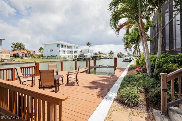 deck featuring a water view and a dock