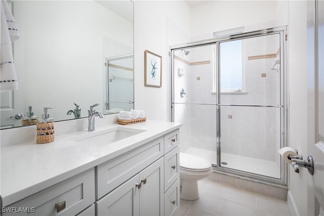 bathroom featuring tile patterned floors, vanity, toilet, and a shower with door