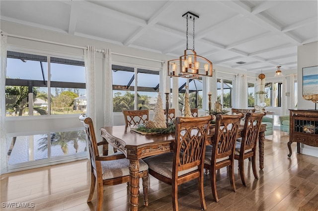 dining space featuring beamed ceiling, wood-type flooring, coffered ceiling, and a notable chandelier