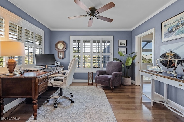 office space with ceiling fan, wood-type flooring, and crown molding