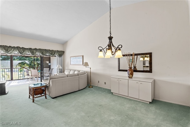 living room with light carpet, a chandelier, and high vaulted ceiling