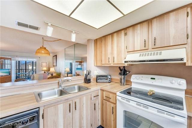 kitchen with sink, hanging light fixtures, white electric stove, dishwashing machine, and light brown cabinetry