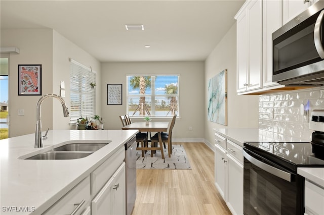 kitchen featuring sink, backsplash, appliances with stainless steel finishes, white cabinets, and light wood-type flooring