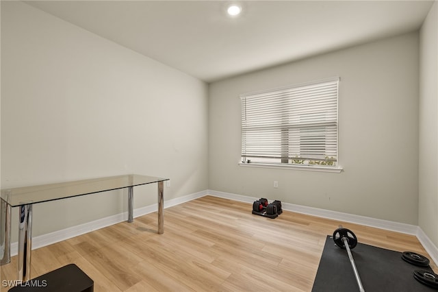 workout area featuring hardwood / wood-style flooring