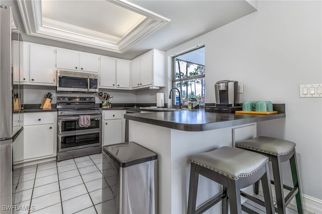 kitchen featuring a kitchen breakfast bar, a raised ceiling, white cabinetry, and stainless steel appliances