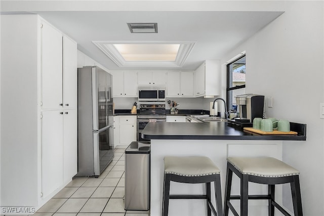 kitchen with white cabinets, sink, kitchen peninsula, and stainless steel appliances