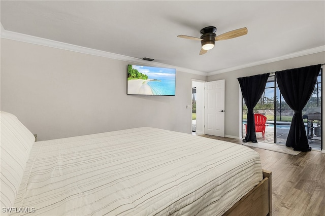 bedroom with access to exterior, ceiling fan, hardwood / wood-style floors, and crown molding