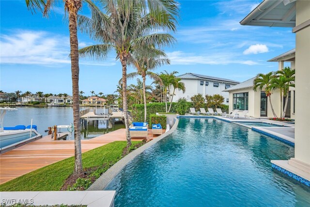 view of swimming pool with a dock and a water view