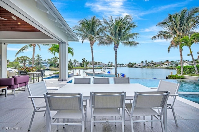 view of patio with a water view