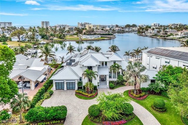 drone / aerial view with a water view