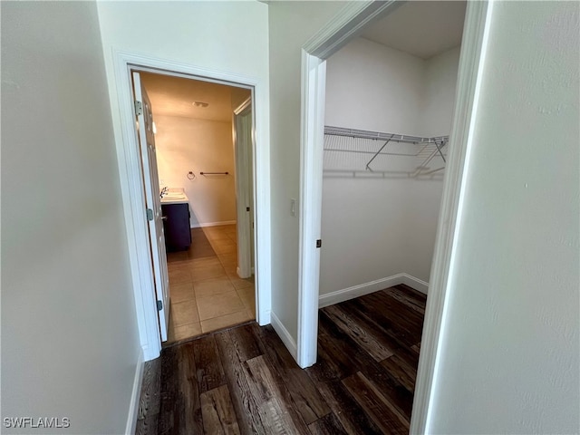 interior space with dark wood-type flooring