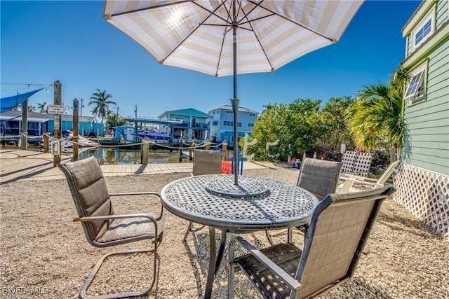 view of patio with a water view