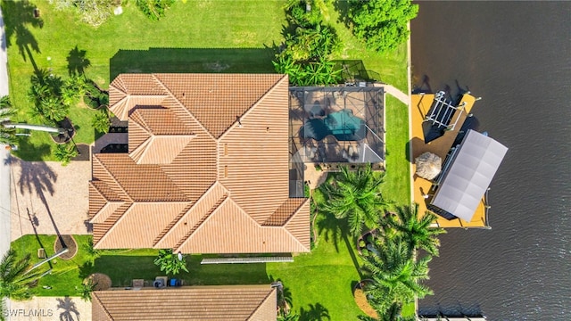 drone / aerial view featuring a water view