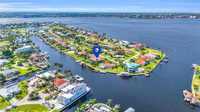 bird's eye view with a water view