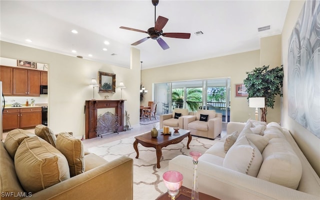 living room with ceiling fan