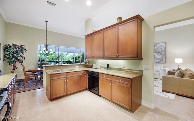 kitchen with kitchen peninsula, sink, pendant lighting, an inviting chandelier, and black dishwasher