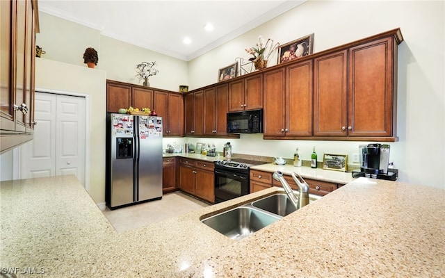 kitchen with black appliances, sink, crown molding, light tile patterned flooring, and light stone counters