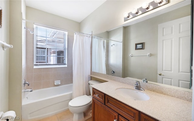 full bathroom with tile patterned flooring, shower / bath combo, vanity, and toilet