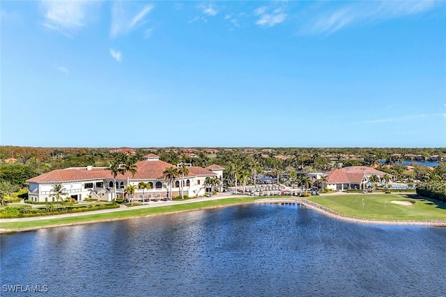 drone / aerial view with a water view