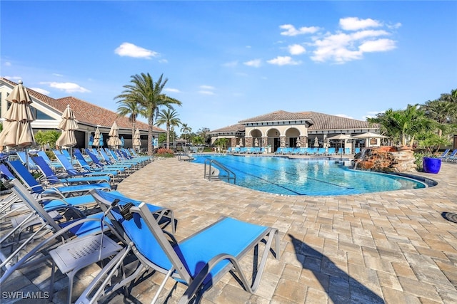 view of swimming pool with a patio area